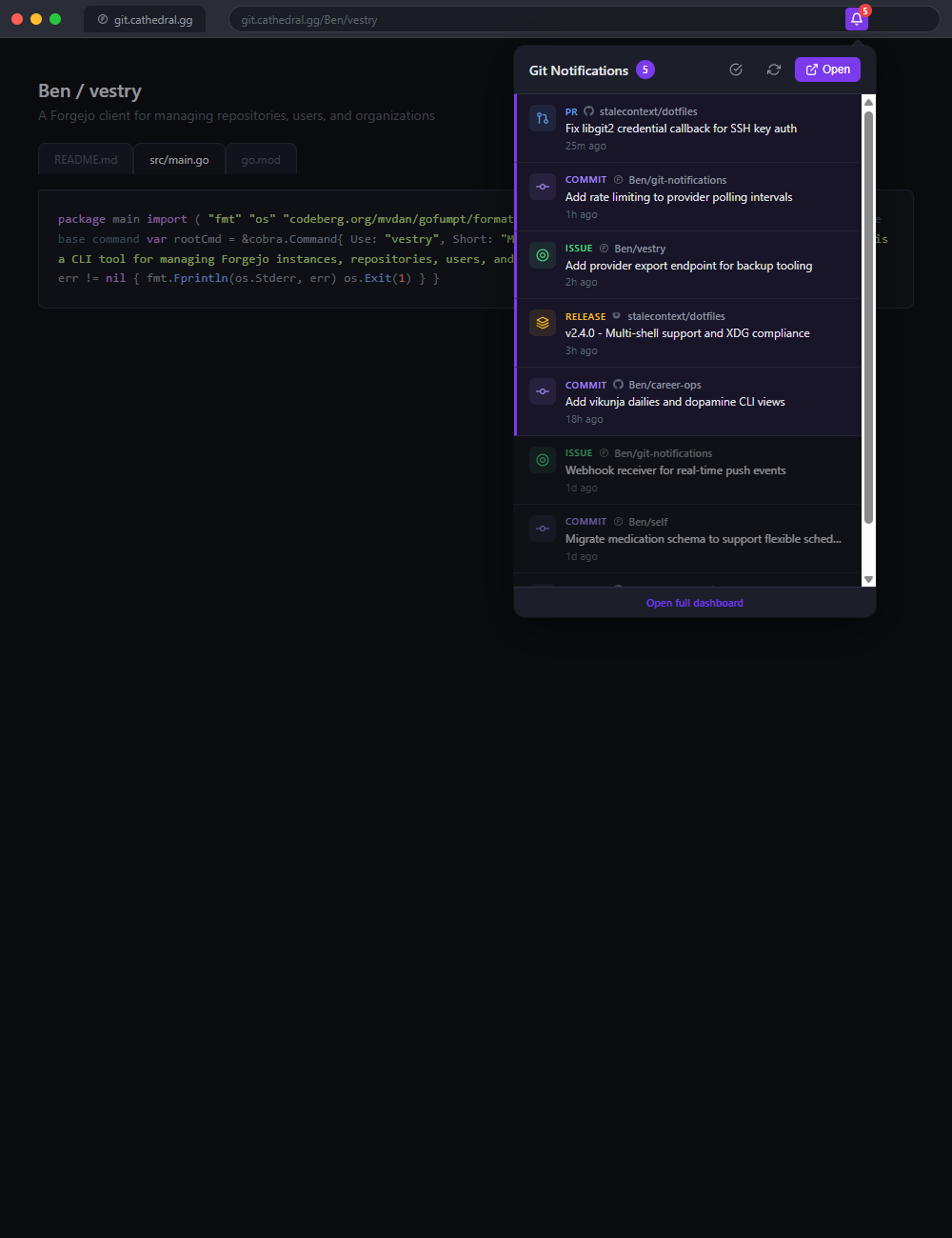 The git-notifications Chrome extension popup.