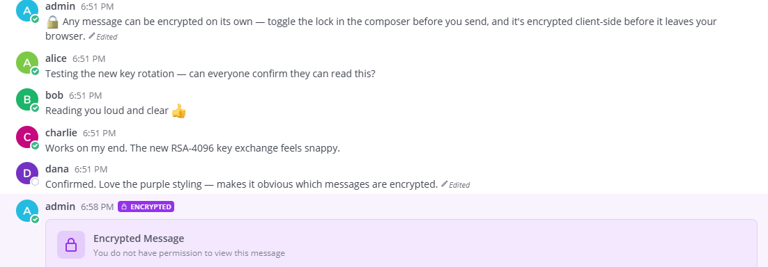 A conversation where a single message is encrypted, showing the ENCRYPTED badge, purple styling, and an encrypted-placeholder card for anyone without the key.