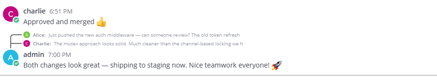 A message with two curved connector lines linking back to the quoted replies it answers.
