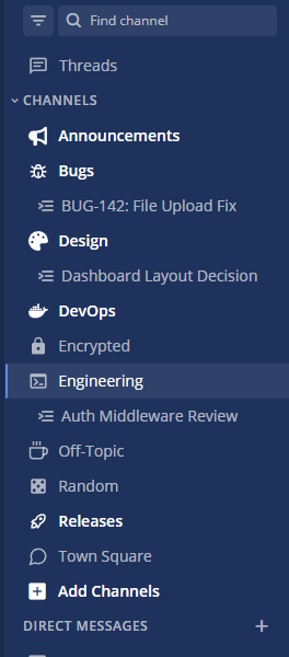 A channel sidebar where each channel shows a distinct custom icon from a different icon library.
