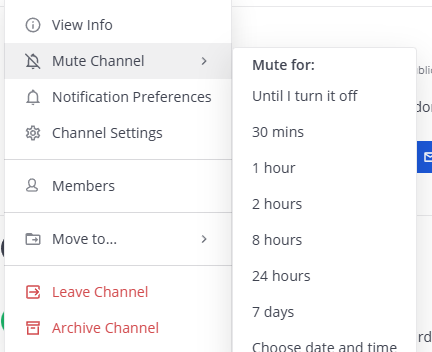 The channel mute menu expanded to a submenu of preset durations and a custom date-and-time option.