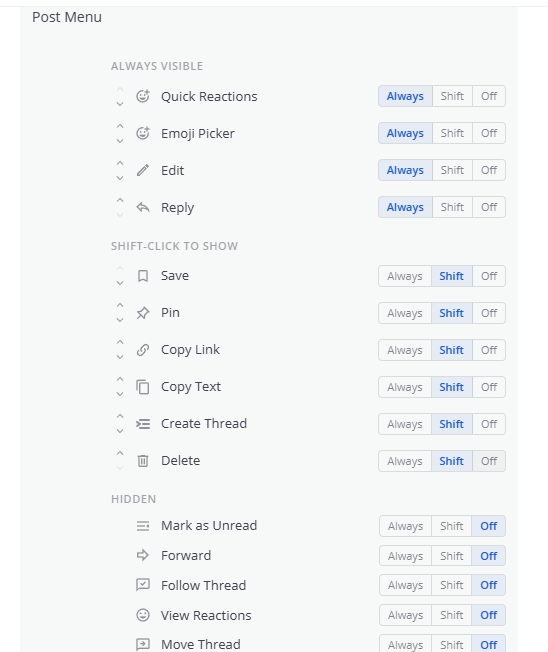 The post-menu settings panel with Always, Shift, and Off toggles per action and quick-reaction slots.