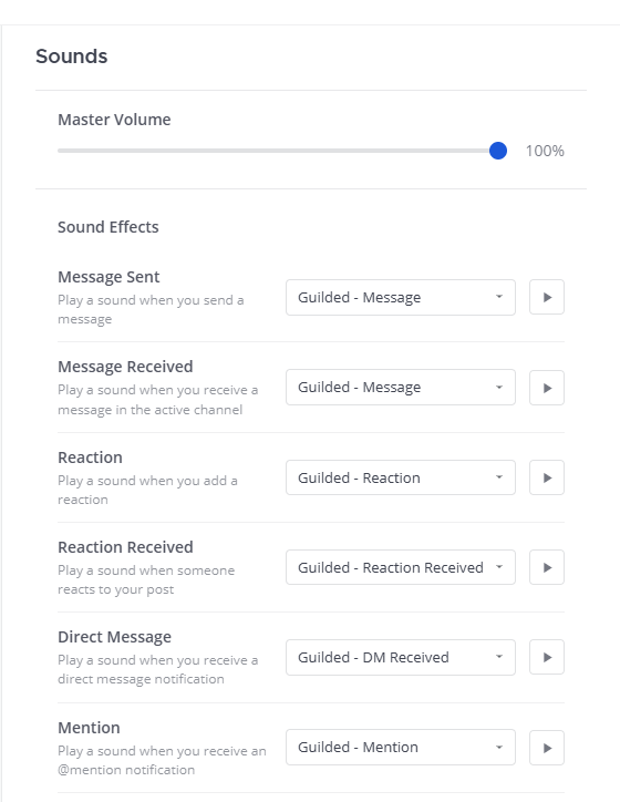 The Sounds settings tab with a master volume slider and a sound picker for each event.
