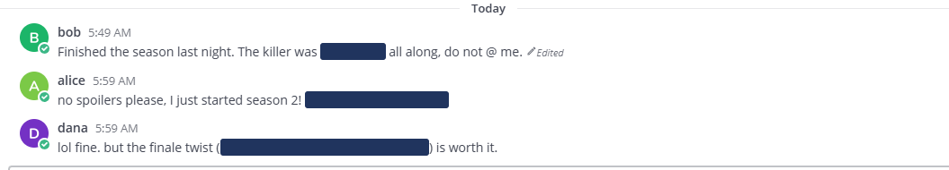 Chat messages with spoiler text hidden behind black redaction boxes.
