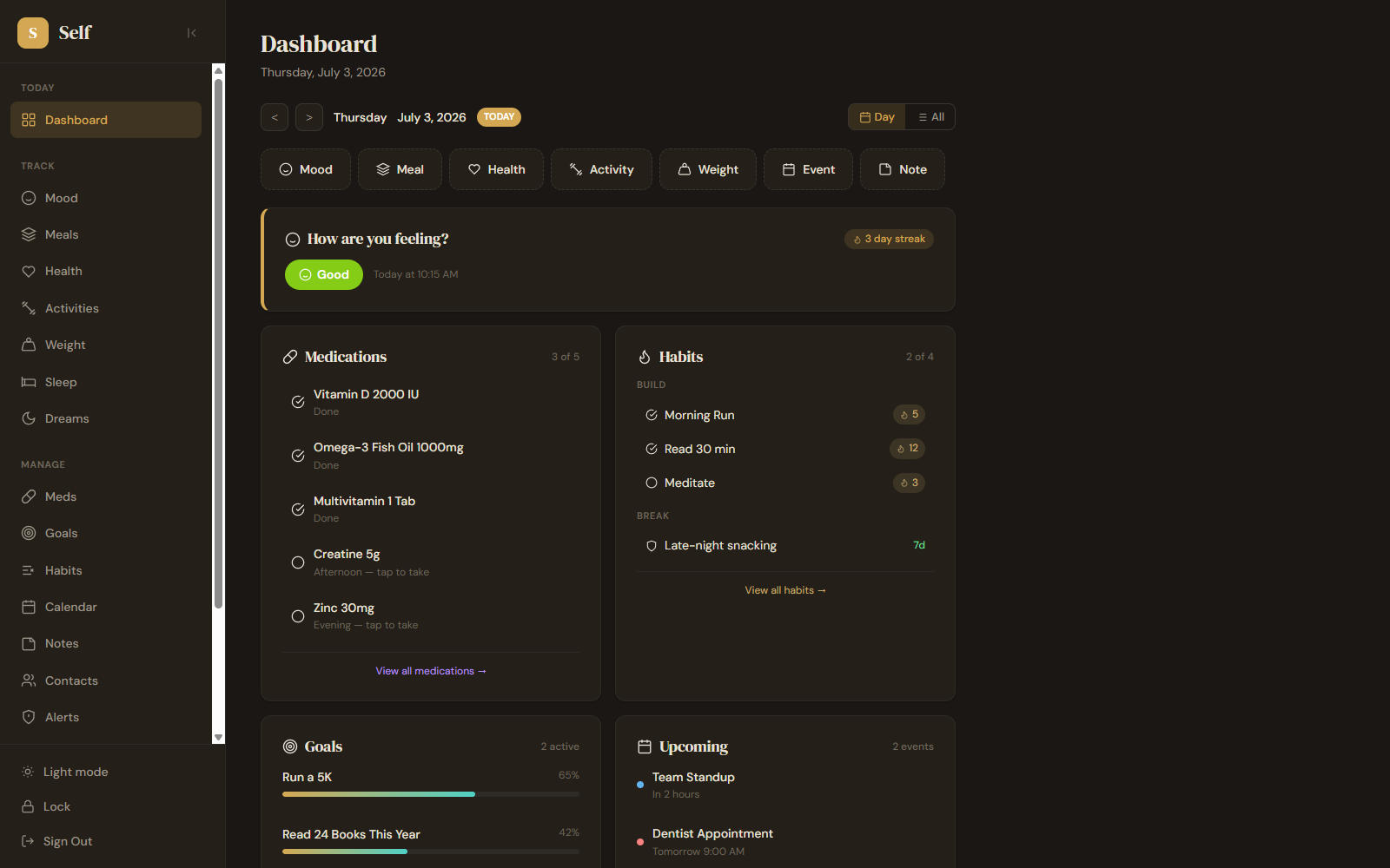 The self.cathedral.gg health timeline after unlocking, entries shown in a clean reader view.