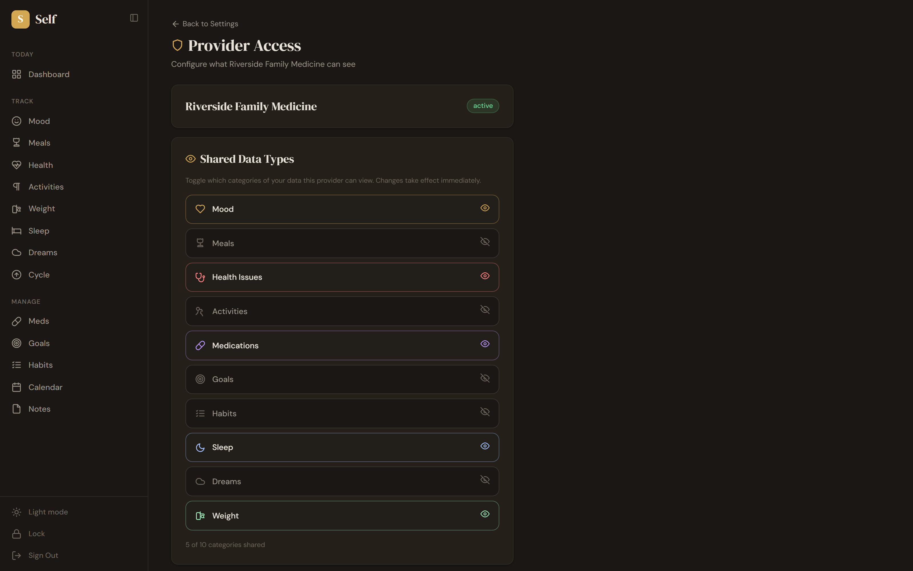 The provider-sharing screen, selecting which records to share.
