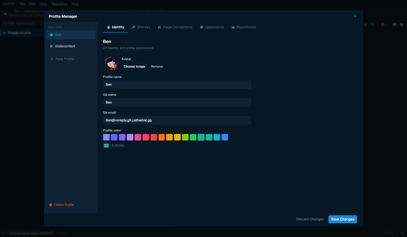 Vestry's profile switcher, showing sandboxed identities.